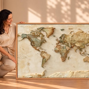 World Map Wall Art - Vintage World Map Canvas - Textured Map Wall Decor - Antique Travel Map Art