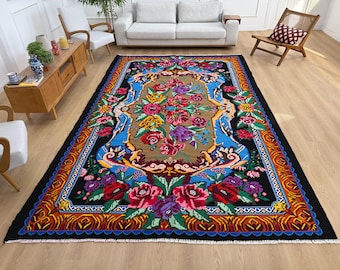 Vintage Moldovian Rose Kilim Rug: Handwoven Wool Bohemian Carpet (7'11'' x 12'6'')