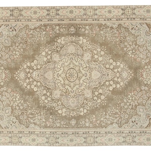 8x11 Handknotted Wool Rug, Oushak Style Kayseri Rug, Faded Beige Carpet