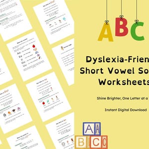 Puede incluir: Hojas de trabajo educativas para sonidos vocálicos cortos, diseñadas para personas con dislexia. La imagen presenta varias páginas blancas con texto e ilustraciones, junto con un fondo amarillo con las letras A, B y C. El texto dice "Dyslexia-Friendly Short Vowel Sounds Worksheets."