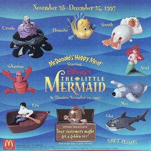May include: A promotional poster for McDonald's Happy Meal toys from Disney's "The Little Mermaid" film, released in 1997. The poster features character figurines like Ursula, Flounder, Ariel, and others. Text includes the film title and release dates.