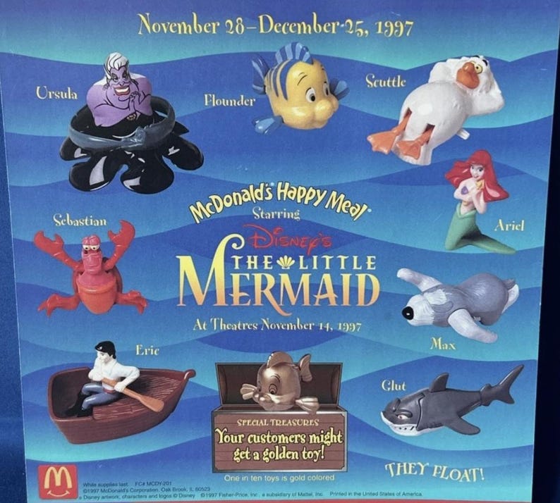 May include: A promotional poster for McDonald's Happy Meal toys from Disney's "The Little Mermaid" film, released in 1997. The poster features character figurines like Ursula, Flounder, Ariel, and others. Text includes the film title and release dates.