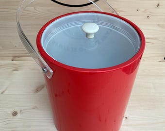Vintage Ice Bucket, Red Vinyl with Lucite Handle, MCM Design