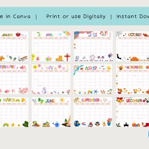 Puede incluir: Una colección de doce calendarios mensuales, cada uno con un borde decorativo único e ilustraciones temáticas. Los calendarios están diseñados con un fondo blanco y presentan los meses del año. El texto incluye "Editable in Canva | Print or use Digitally | Instant Download".