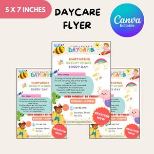 May include: A daycare flyer with a pink header that reads "5 x 7 inches." The flyer has a blue and green design with the text "Daycare Flyer." The flyer includes the text "Nurturing Bright Minds Every Day."