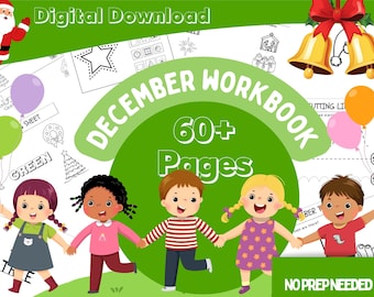 Hojas de trabajo preescolares navideñas, paquete imprimible con temática de diciembre, actividades para niños pequeños, plan de estudios preescolar, primeros años, PDF