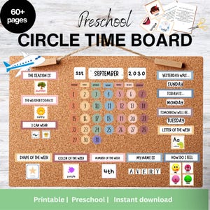 Könnte beinhalten: Eine Pinnwand für den Kindergarten mit dem Text "CIRCLE TIME BOARD". Die Tafel enthält Abschnitte für die Jahreszeit, das Wetter, den Kalender und die Gefühle. Die Tafel hat den Text "60+ Seiten" und "Printable | Preschool | Instant download".