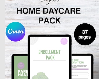 Puede incluir: Plantilla digital Home Daycare Pack mostrada en tres tabletas. La tableta principal muestra un paquete de inscripción, con un logotipo de Canva y un círculo que indica 37 páginas. El banner inferior dice: Plantilla editable | Hazlo tuyo | Múltiples tamaños.