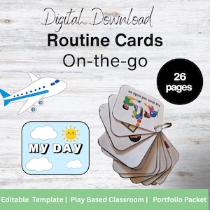 Op de afbeelding: Digitale download van "Routine Cards On-the-go". De afbeelding toont een cartoonvliegtuig, een "My Day"-afbeelding met wolken en een zon, en een flipbook met illustraties. Het flipbook heeft 26 pagina's.