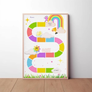May include: A framed, colorful reward chart with a path-like design. The chart features a rainbow, clouds, a trophy, and the phrases "Treat Time," "Good Job," and "Almost There!" The path is lined with various colors and has a "Start" label.