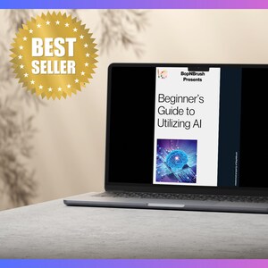 May include: A laptop screen shows a book cover titled "Beginner's Guide to Utilising AI" with a brain graphic. The laptop sits on a grey surface, with a gold "Best Seller" sticker visible.