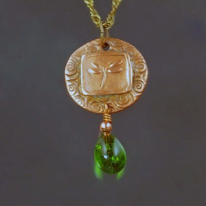 FRISKEY handmade Lampwork Glass Beads & Jewelry, Bronze Dragonfly pendant necklace