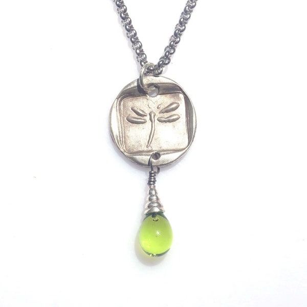 FRISKEY handmade Lampwork Glass Beads & Jewelry, Silver Dragonfly w/ Drop pendant necklace