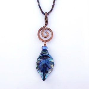 FRISKEY handmade Lampwork Glass Beads and Jewelry, Spiral Leaf Necklace