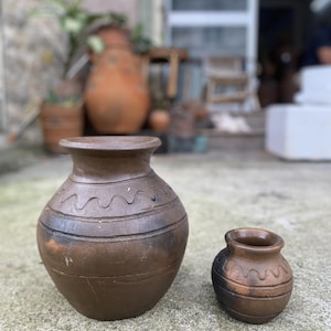 Handmade Champa Clay Vessel | Primitive Wave Motif Pot | Wabi-Sabi Asian Decor