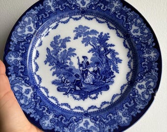 Vintage flow blue Doulton Burslem Plate of Watteau Courting Scene