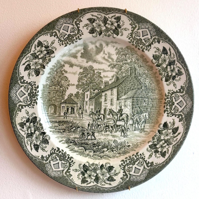 Vintage green transferware English Ironstone Plate - Old Inns Series