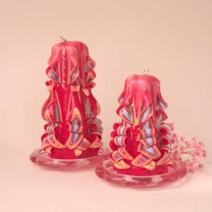 Candele piramidali intagliate a mano "Ruby / Pearl" - inodori, in set o singolarmente