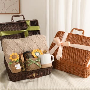 Cozy Care Package,Blanket Gift Box,Hygee Gift Box,Birthday Gift,Basket for Women,Fall Gift Box,Wicker-Style Gift Box with a Handle