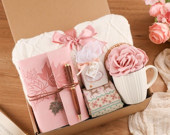 Happy Birthday Gift Box with Blanket,Appreciation Gift Set,Thank You Gift Box,Mother's Day Gift,Self Care Box for Women,Crochet Flower Gift