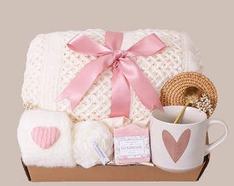 Caja de regalo con manta, Caja de regalo "Pensando en ti", Paquete de cuidados acogedores para mujeres, Regalo para enviar un abrazo, Paquete de autocuidado, Caja de regalo Hygee, Regalo de cumpleaños