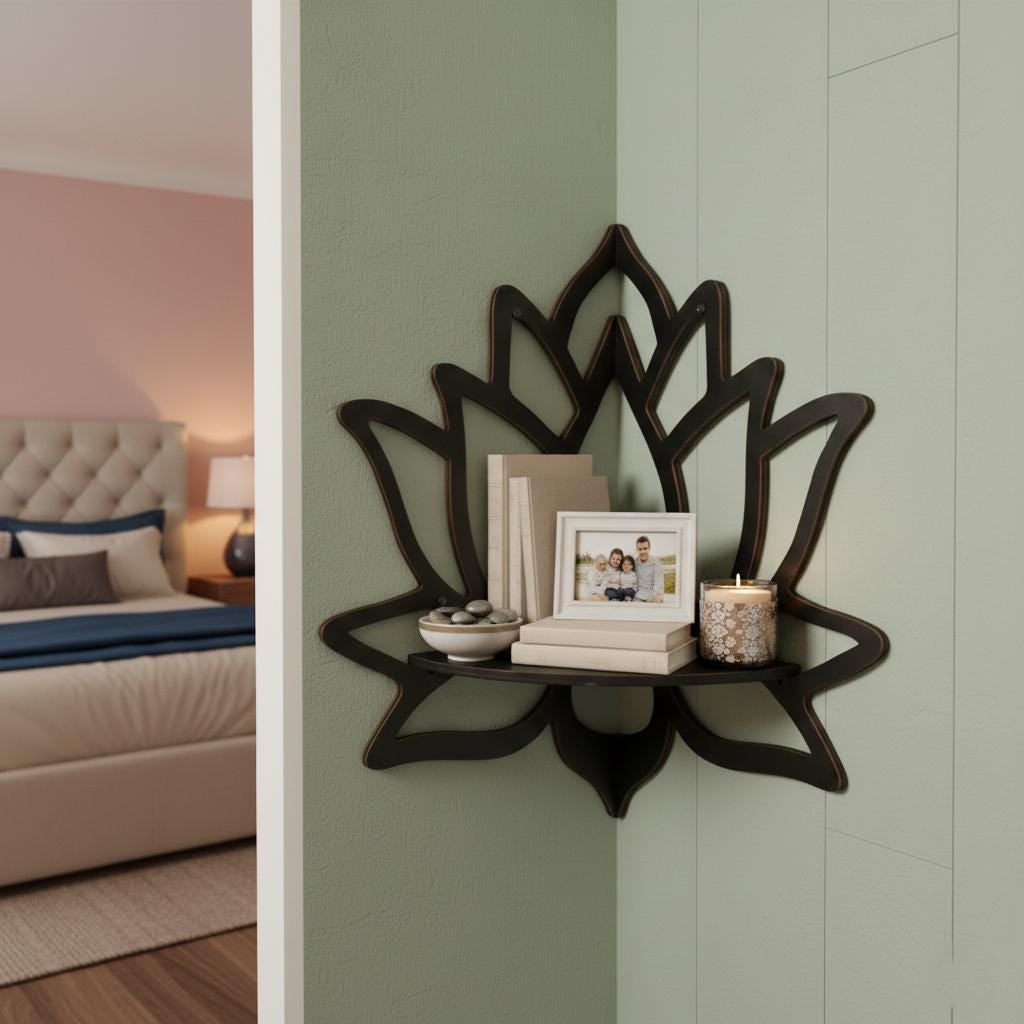 Estante De Esquina Flotante De Madera Con Diseño De Flor De Loto, Estante De Exhibición De Cristal Negro, Estante Flotante Decorativo De Loto, Estantes Colgantes De Pared Para Dormitorios, Oficinas