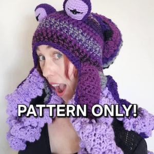 May include: A handmade crochet octopus hat and scarf set in shades of purple, gray, and black. The hat features two large eyes and the text "PATTERN ONLY!" is displayed across the image. The scarf has multiple tentacles.