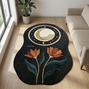 Moon Floral Rug | Boho Celestial Irregular Shape Area Carpet