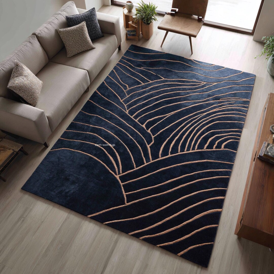Hand Tufted Wool Rug | Midnight Blue Abstract Wave Pattern ...