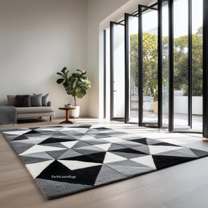 Alfombra geométrica moderna de lana, alfombra de retazos en blanco, negro y gris, alfombra de salón tejida a mano.
