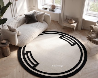 Rund minimalistisk matta | Svart & elfenbensvit geometrisk cirkelmatta | Handtuftad modern ullmatta