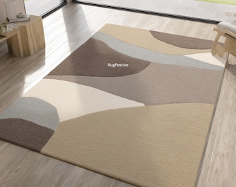 Handtuftad abstrakt neutral matta | Ekologisk modern ullmatta | Beige minimalistisk matta