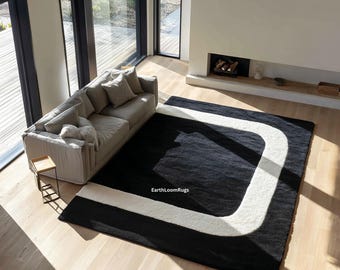Abstract Wool Area Rug | Black & Ivory Curved Line, Hand Tufted