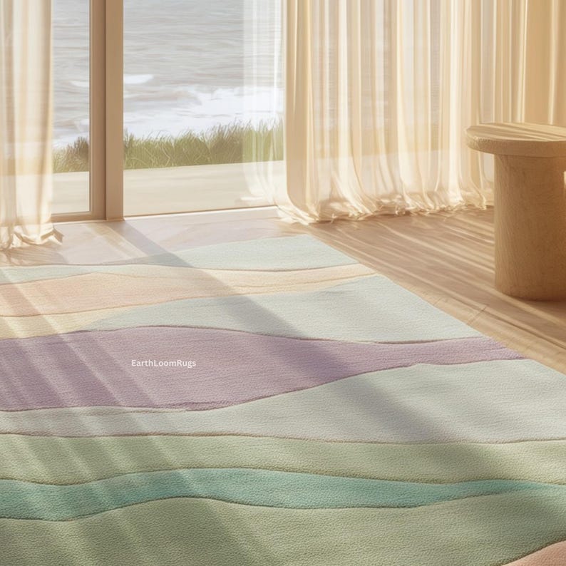 Hand Tufted Wool Rug | Coastal Wavy Design, Pastel Green Peach - Etsy