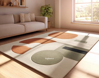 Modern Geometric Orange Rug | Terracotta Sage Green | Abstract Soft Carpet for Living Room Bedroom Decor | Minimal Art Area Floor Mat
