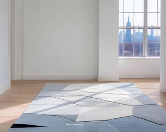 Hand Tufted Wool Rug | Blue Gray Abstract Geometric Area Rug | Modern Neutral Decor