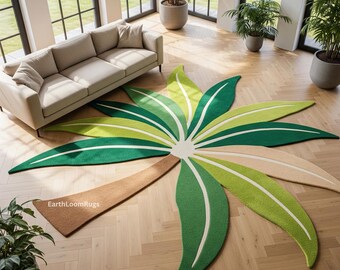 Palm Leaf Rug | Tropical Hand-Tufted Wool Carpet | Large Statement Floor Art for Modern Homes