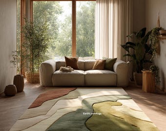 Hand Tufted Wool Area Rug | Organic Abstract Green Beige Carpet