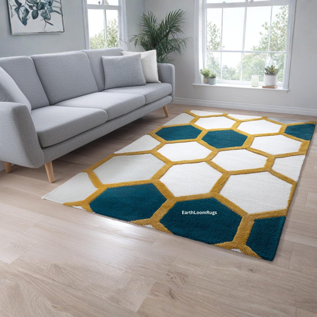 Geometric Honeycomb Area Rug | Teal Cream & Yellow | Modern Hexagon ...