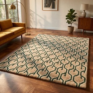 Grüner Geometrischer Teppich | Moderner Gitter-Muster Wohnzimmer Teppich