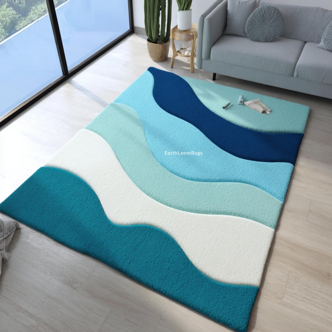 Blue Wave Area Rug | Modern Coastal Living Room Carpet - Etsy