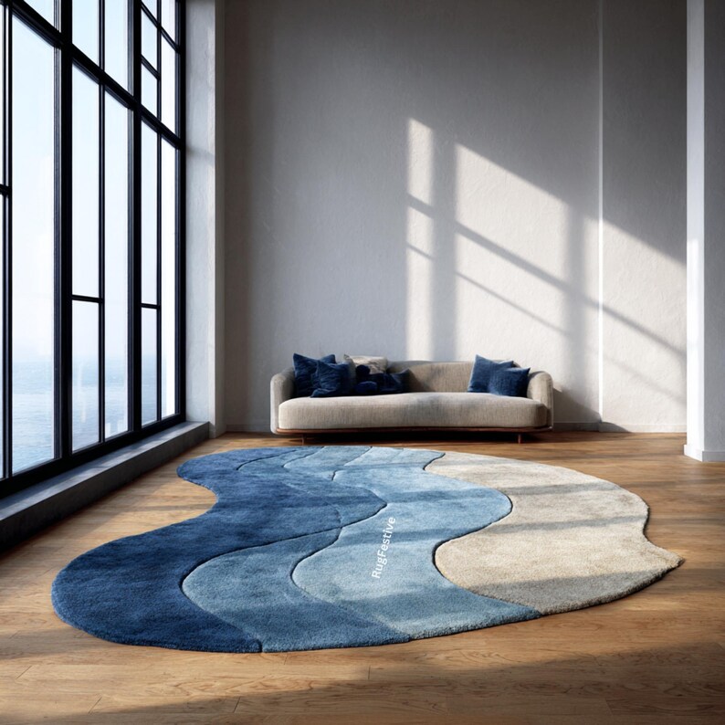 Blue Shell Shapped Rug Blue Wave Rug | Ocean-inspired Hand Tufted Wool Carpet | Modern ...