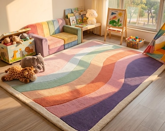 Pastel Rainbow Kids Rug | Hand Tufted Nursery Wool Rug | Colorful Playroom Area Carpet