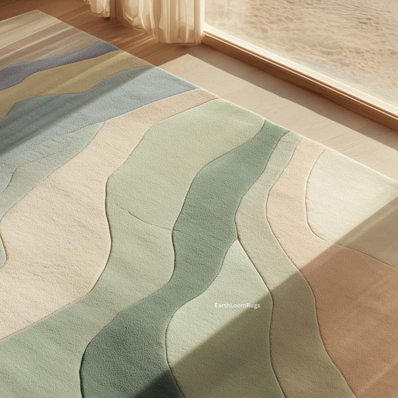 Undulating Small Rugs Hand Tufted Wool Area Rug | Coastal Wave Living Room | Seafoam Green ...