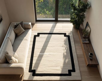 Minimalist Geometric Rug, Black Cream Area Rug, Hand Tufted Wool Carpet