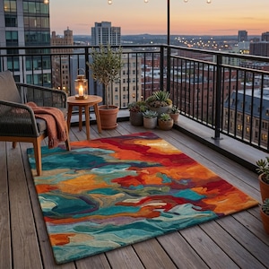 May include: A rectangular rug with an abstract design in teal, orange, and red hues. The rug is placed on a wooden deck, with a cityscape in the background. The rug's design evokes flowing water or layered landscapes. The rug is a focal point on the balcony.