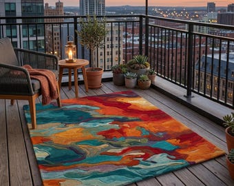 Red, Orange & Blue Colorful Geometric Rug | Handmade-Tufted Wool Artistic Area Carpets