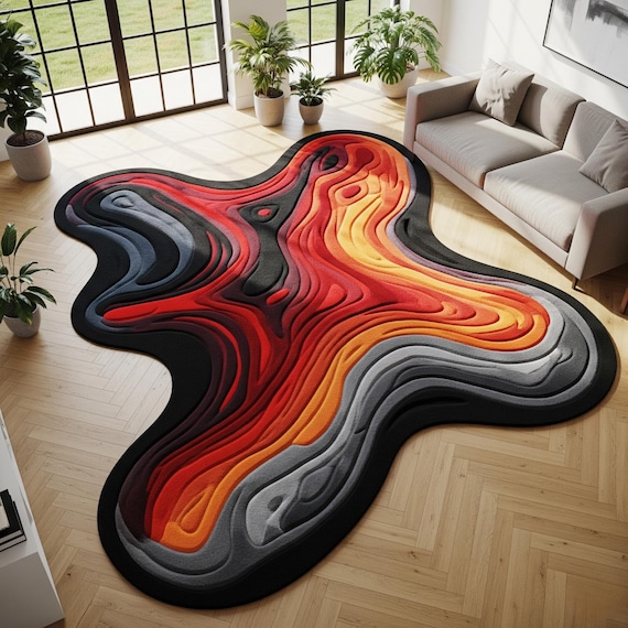Black Red Organic Rug | Abstract Lava Handmade Wool Area Rug