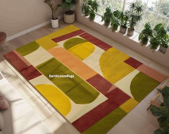 Alfombra de estilo moderno de mediados de siglo / Alfombra de lana tejida a mano / Alfombra geométrica retro