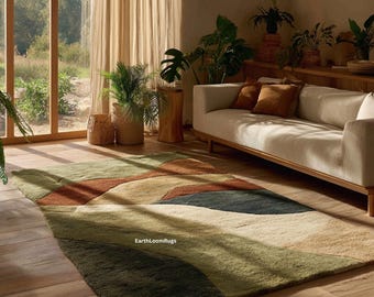 Hand Tufted Abstract Area Rug, Sage Green Terracotta Wool Rug, Modern Living Room Carpet